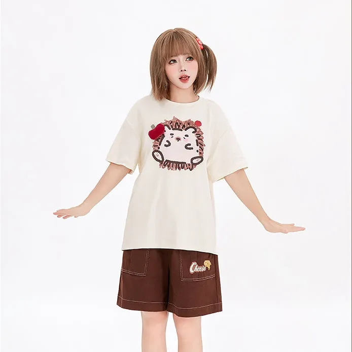 Kawaii Graffiti Little Hedgehog Print Loose T-shirt