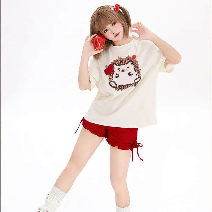 Kawaii Graffiti Little Hedgehog Print Loose T-shirt