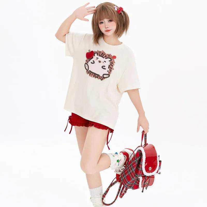 Kawaii Graffiti Little Hedgehog Print Loose T-shirt