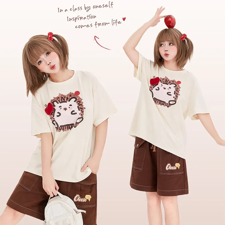 Kawaii Graffiti Little Hedgehog Print Loose T-shirt