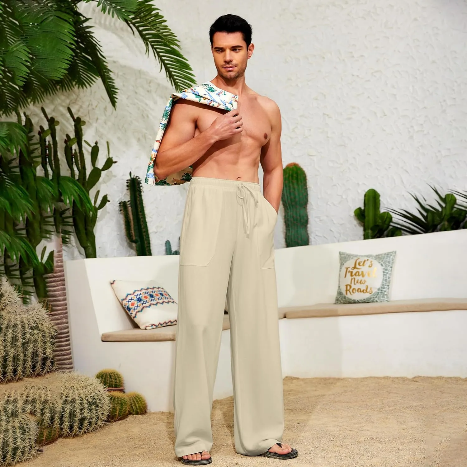 Men's Casual Linen Pants Elastic Waist Drawstring Summer Long Fit Linen Beach Pants Lightweight Trousers with Pockets