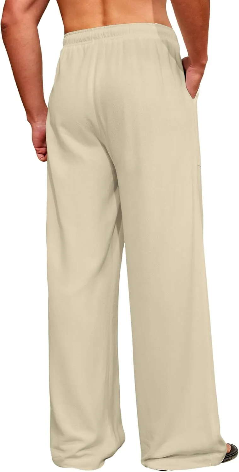 Men's Casual Linen Pants Elastic Waist Drawstring Summer Long Fit Linen Beach Pants Lightweight Trousers with Pockets