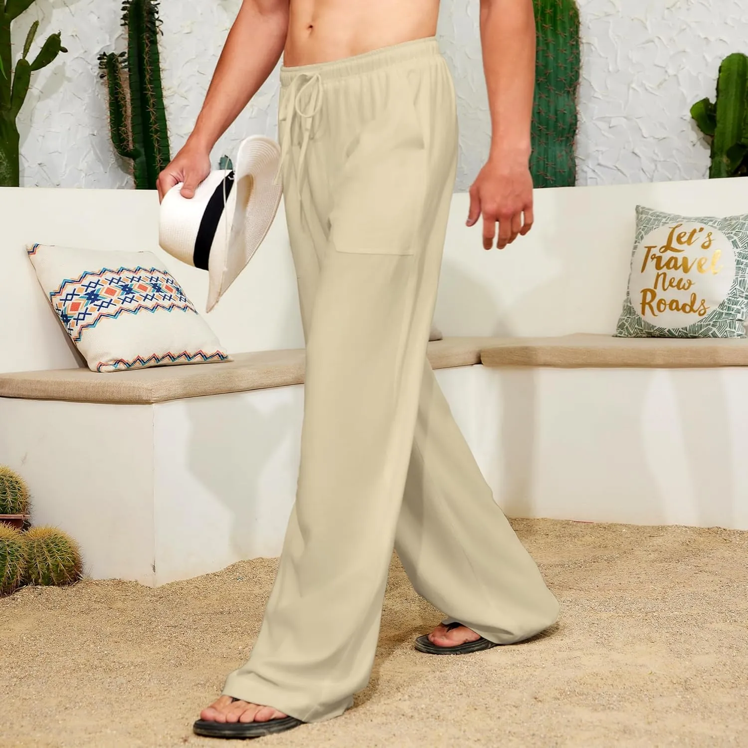 Men's Casual Linen Pants Elastic Waist Drawstring Summer Long Fit Linen Beach Pants Lightweight Trousers with Pockets