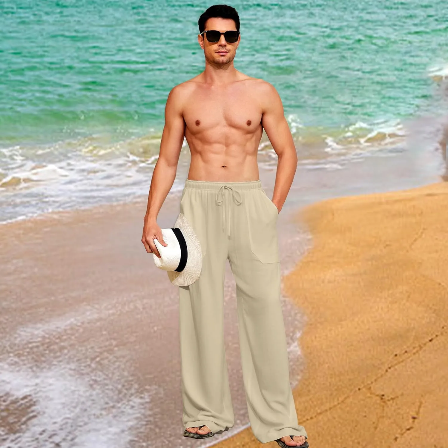 Men's Casual Linen Pants Elastic Waist Drawstring Summer Long Fit Linen Beach Pants Lightweight Trousers with Pockets