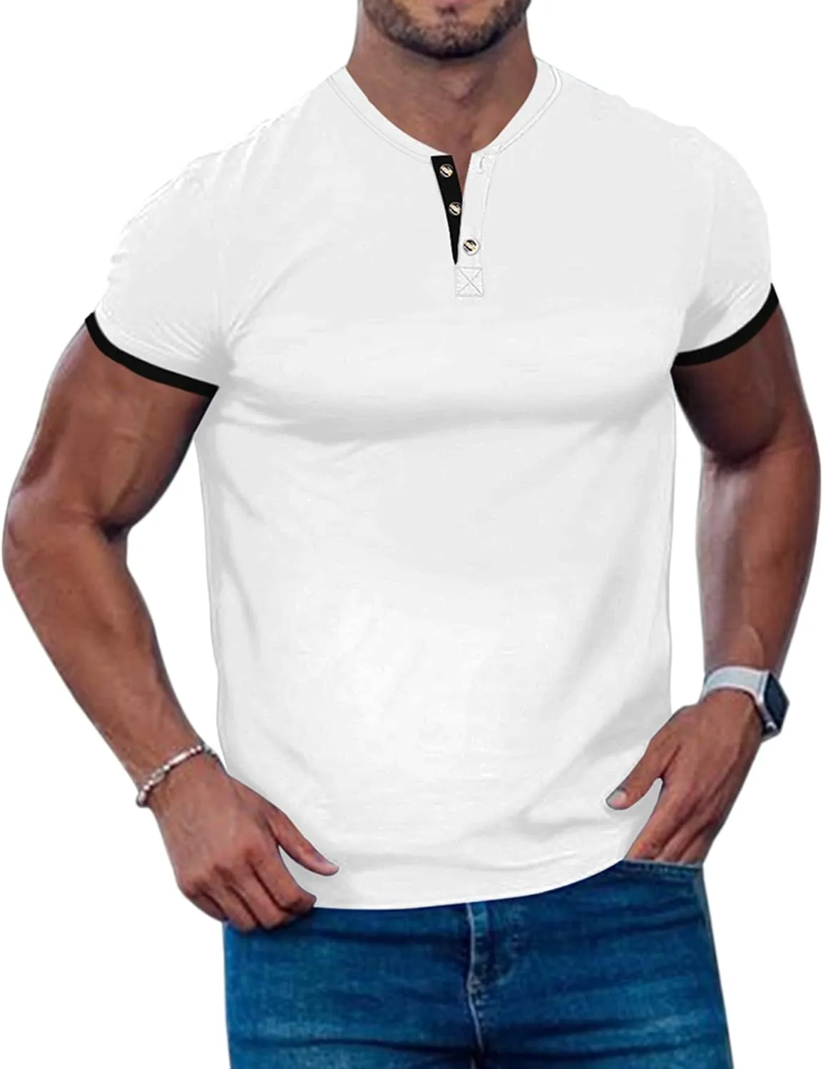 Men's Casual Stretchy Henley Shirts Fitted T Shirt Soft Stylish Tee Tops