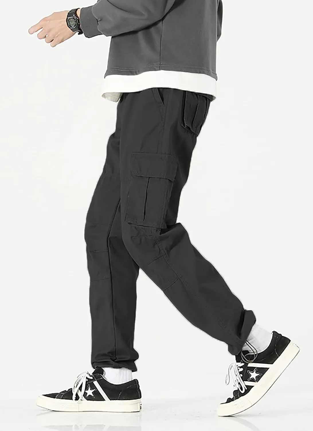 Men's Elastic Waist Cargo Pants Casual Relaxed Fit Pants Tactical Hiking Pants Lightweight Multi Pockets