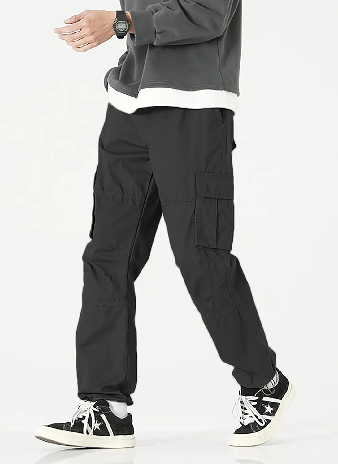 Men's Elastic Waist Cargo Pants Casual Relaxed Fit Pants Tactical Hiking Pants Lightweight Multi Pockets