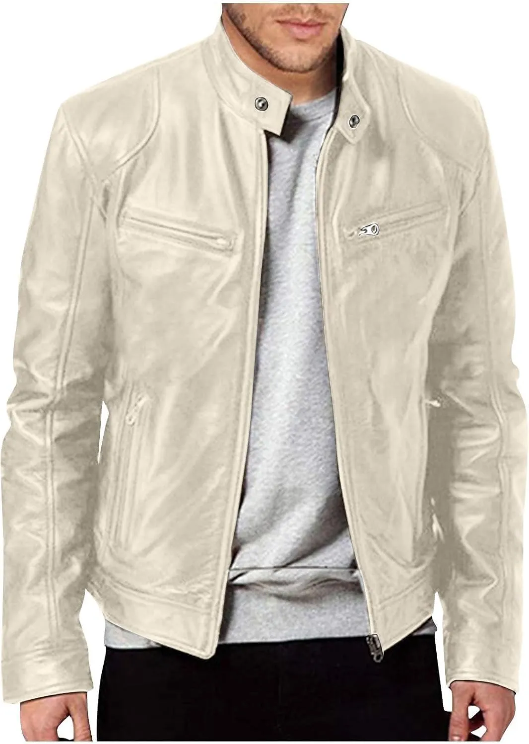 Mens Lightweight Motorcycle Bomber Biker Leather Jackets Stylish Outerwear Zipper Jacket Coat Pockets