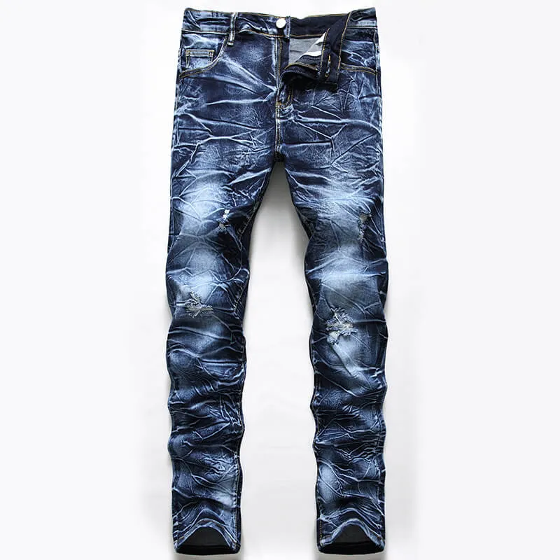 Mid Waisted Jeans Stretchy Casual Straight Pants Men's Ripped Jeans