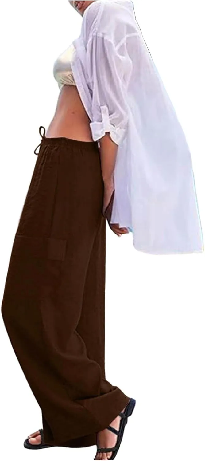 Pants for Women Comfortable Drawstring Loose Pants Lightweight Summer Wide Leg Elastic Waist Trousers with Pockets