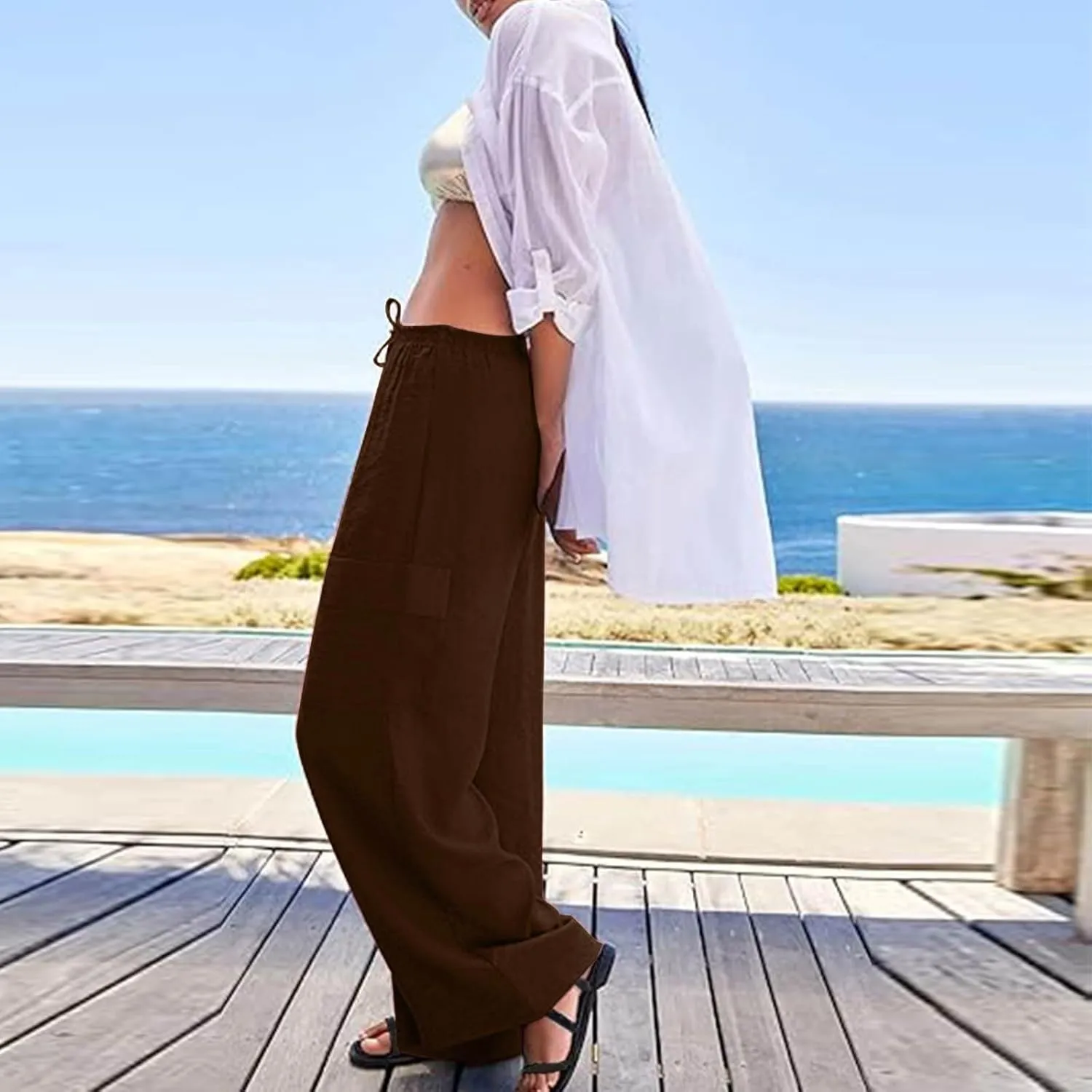 Pants for Women Comfortable Drawstring Loose Pants Lightweight Summer Wide Leg Elastic Waist Trousers with Pockets