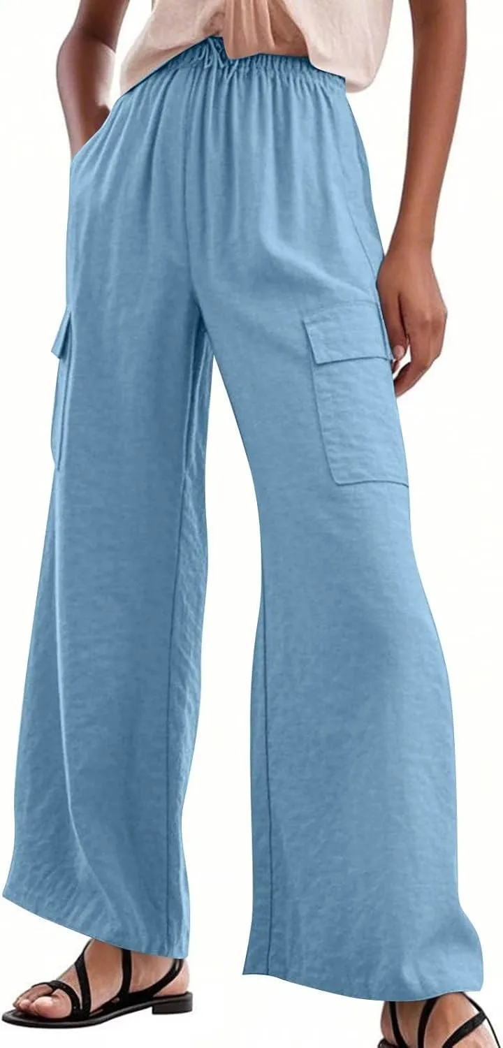 Pants for Women Comfortable Drawstring Loose Pants Lightweight Summer Wide Leg Elastic Waist Trousers with Pockets