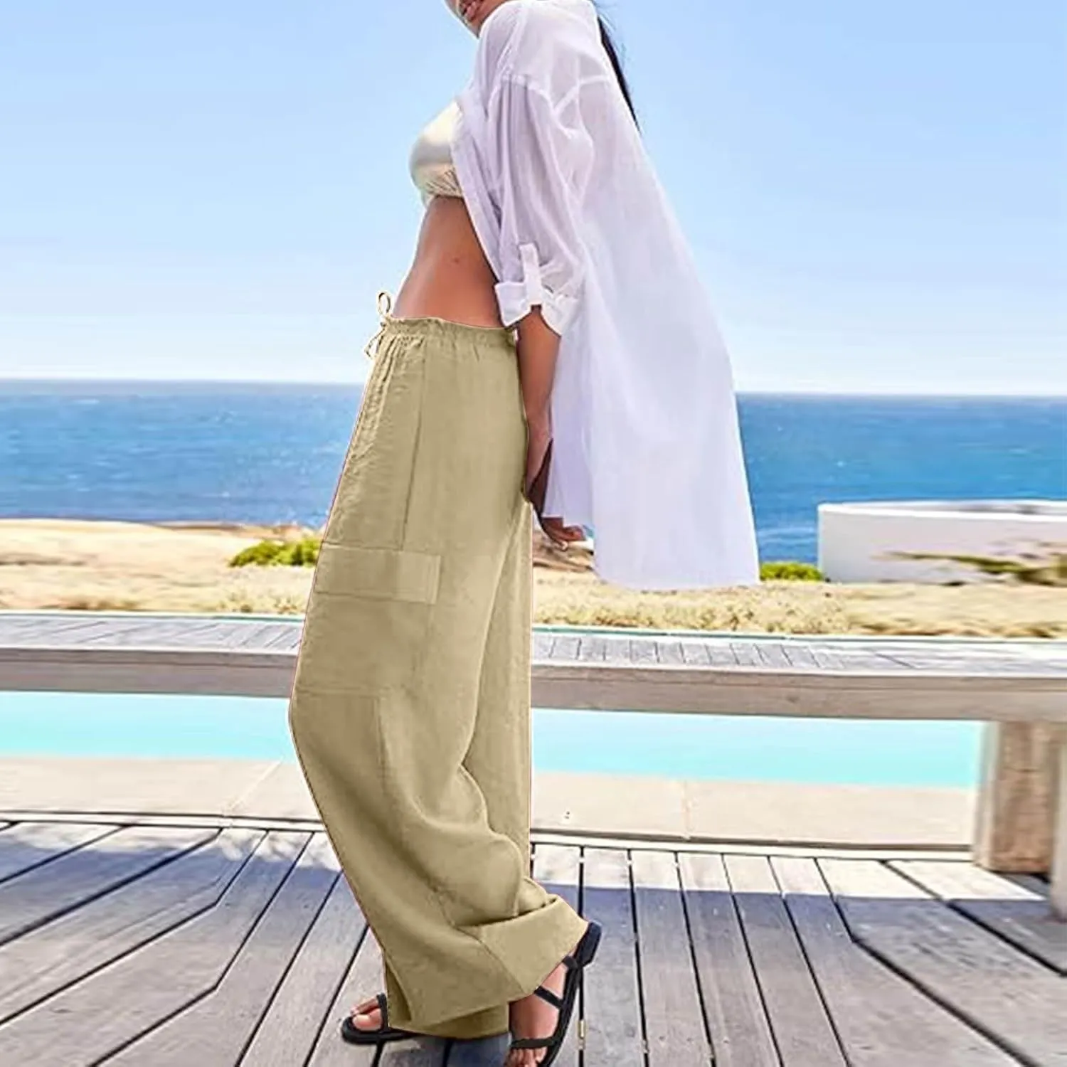 Pants for Women Comfortable Drawstring Loose Pants Lightweight Summer Wide Leg Elastic Waist Trousers with Pockets