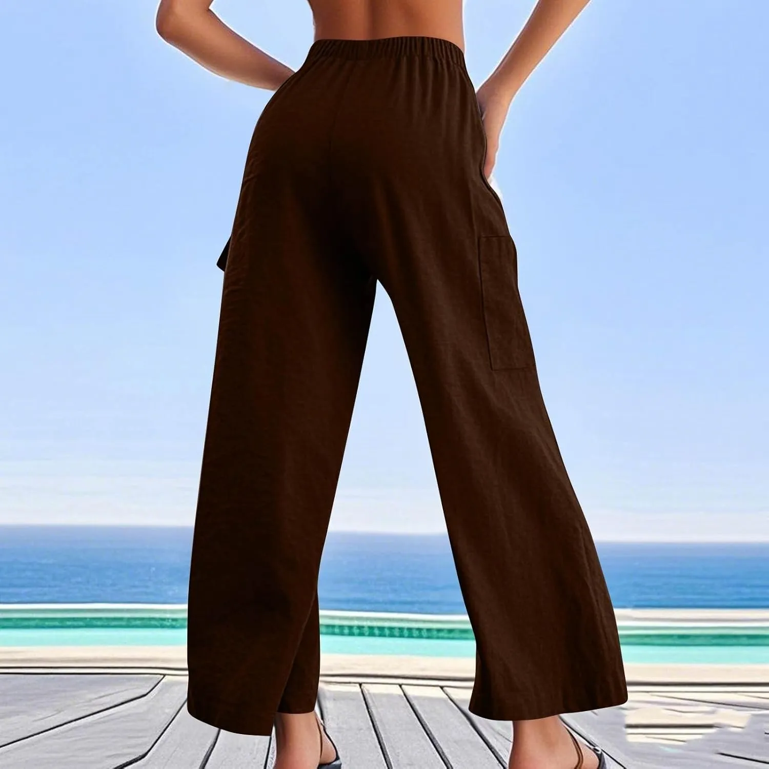 Pants for Women Comfortable Drawstring Loose Pants Lightweight Summer Wide Leg Elastic Waist Trousers with Pockets