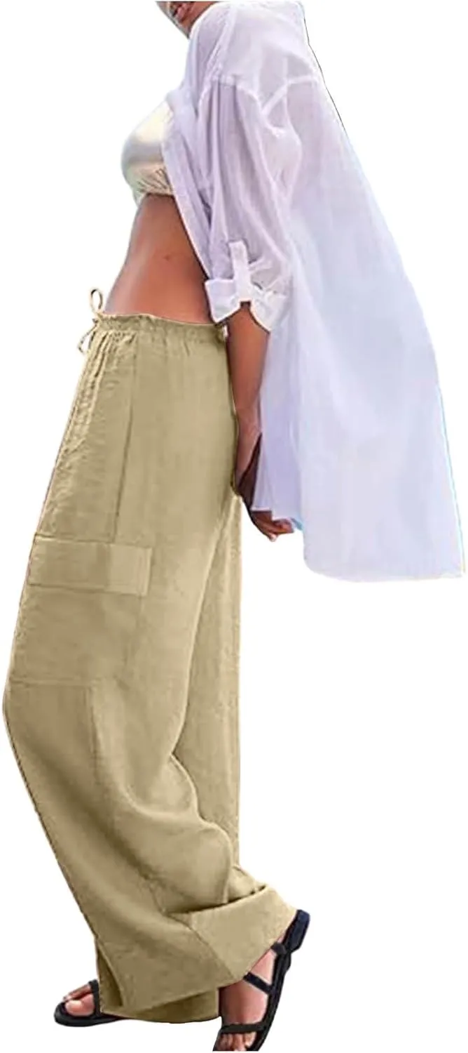 Pants for Women Comfortable Drawstring Loose Pants Lightweight Summer Wide Leg Elastic Waist Trousers with Pockets
