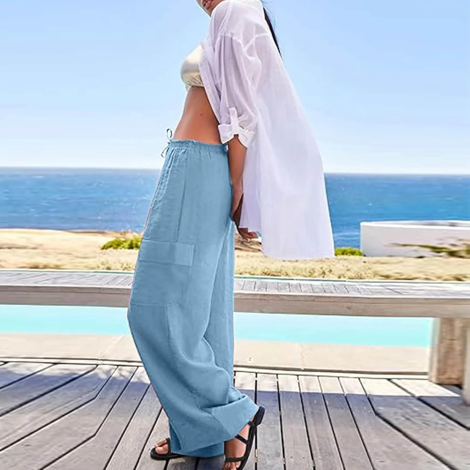 Pants for Women Comfortable Drawstring Loose Pants Lightweight Summer Wide Leg Elastic Waist Trousers with Pockets