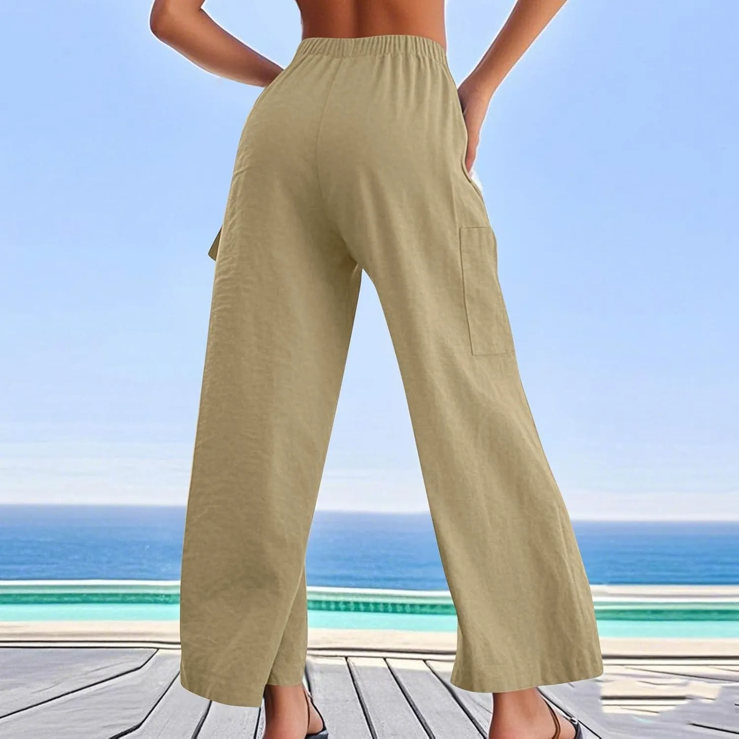Pants for Women Comfortable Drawstring Loose Pants Lightweight Summer Wide Leg Elastic Waist Trousers with Pockets