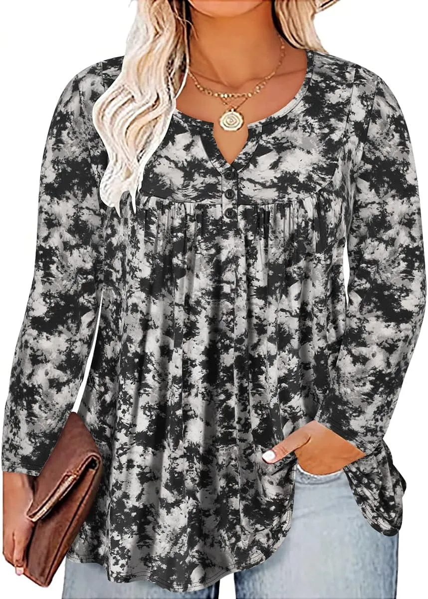 RITERA Plus Size Long Sleeve Tunic Tops for Women Henley V Neck T-Shirt V Neck Casual Blouses Fall Winter Halloween Christmas