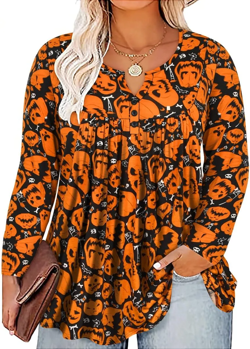 RITERA Plus Size Long Sleeve Tunic Tops for Women Henley V Neck T-Shirt V Neck Casual Blouses Fall Winter Halloween Christmas