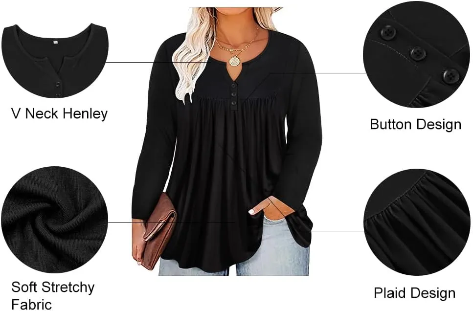 RITERA Plus Size Long Sleeve Tunic Tops for Women Henley V Neck T-Shirt V Neck Casual Blouses Fall Winter Halloween Christmas