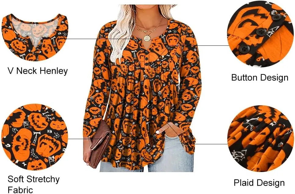 RITERA Plus Size Long Sleeve Tunic Tops for Women Henley V Neck T-Shirt V Neck Casual Blouses Fall Winter Halloween Christmas