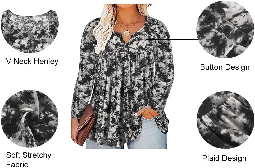 RITERA Plus Size Long Sleeve Tunic Tops for Women Henley V Neck T-Shirt V Neck Casual Blouses Fall Winter Halloween Christmas