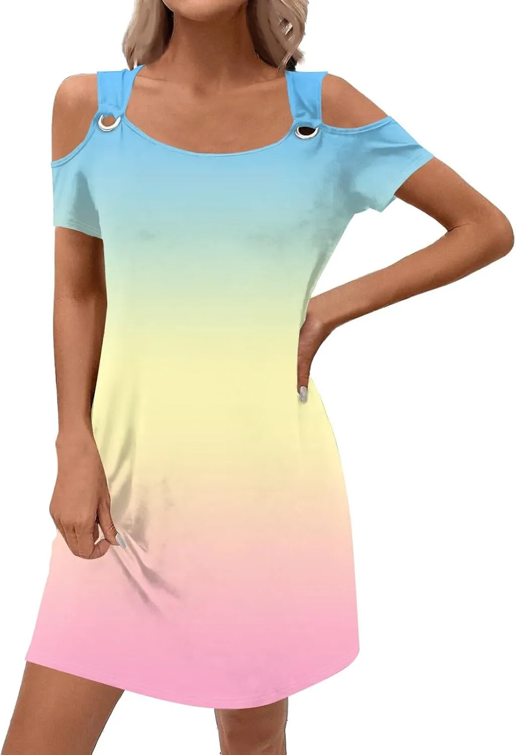 Summer Dresses for Women 2025 Scoop Neck Cold Shoulder Short Sleeve Mini Dress Casual Short Sundress with Pocket