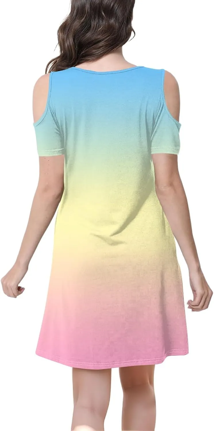 Summer Dresses for Women 2025 Scoop Neck Cold Shoulder Short Sleeve Mini Dress Casual Short Sundress with Pocket