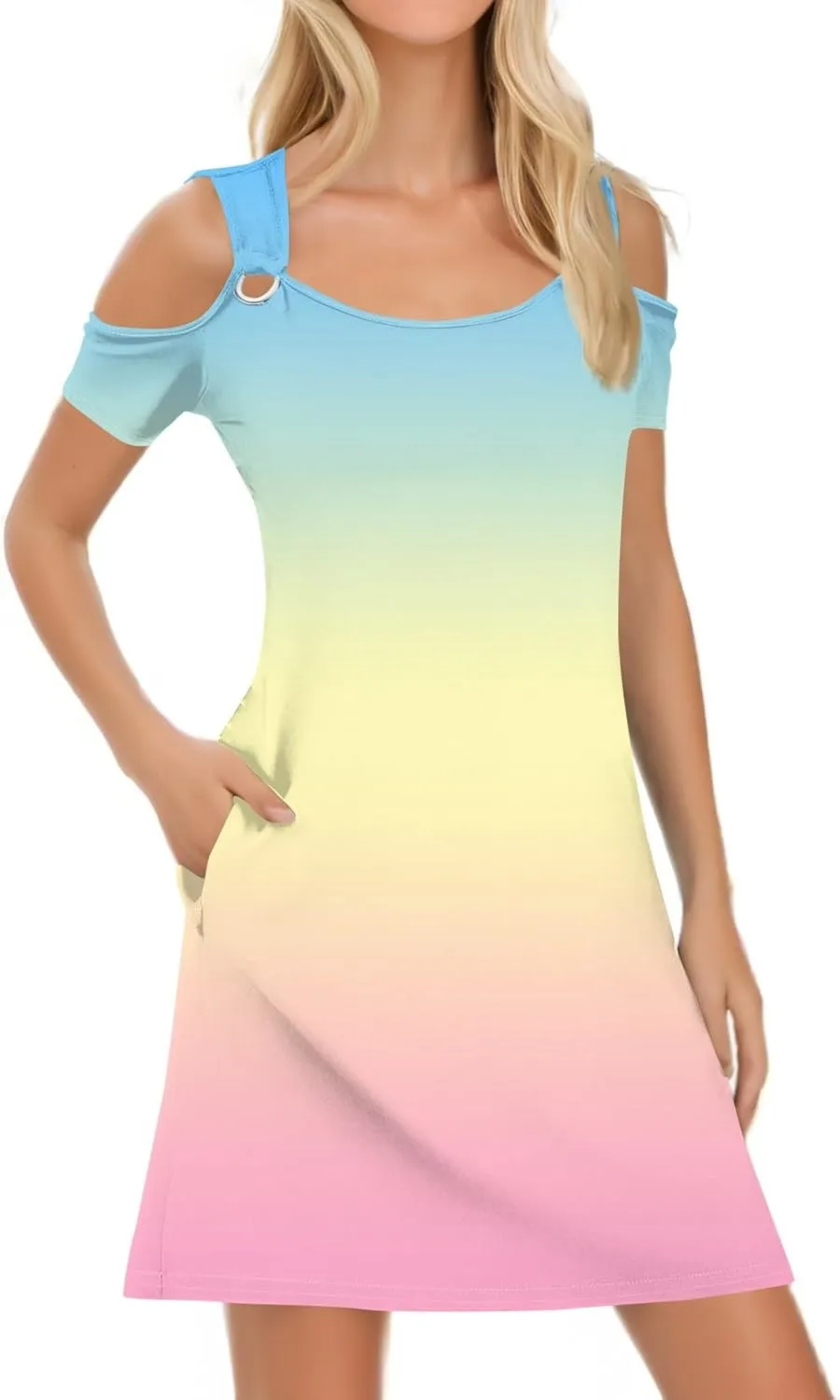 Summer Dresses for Women 2025 Scoop Neck Cold Shoulder Short Sleeve Mini Dress Casual Short Sundress with Pocket