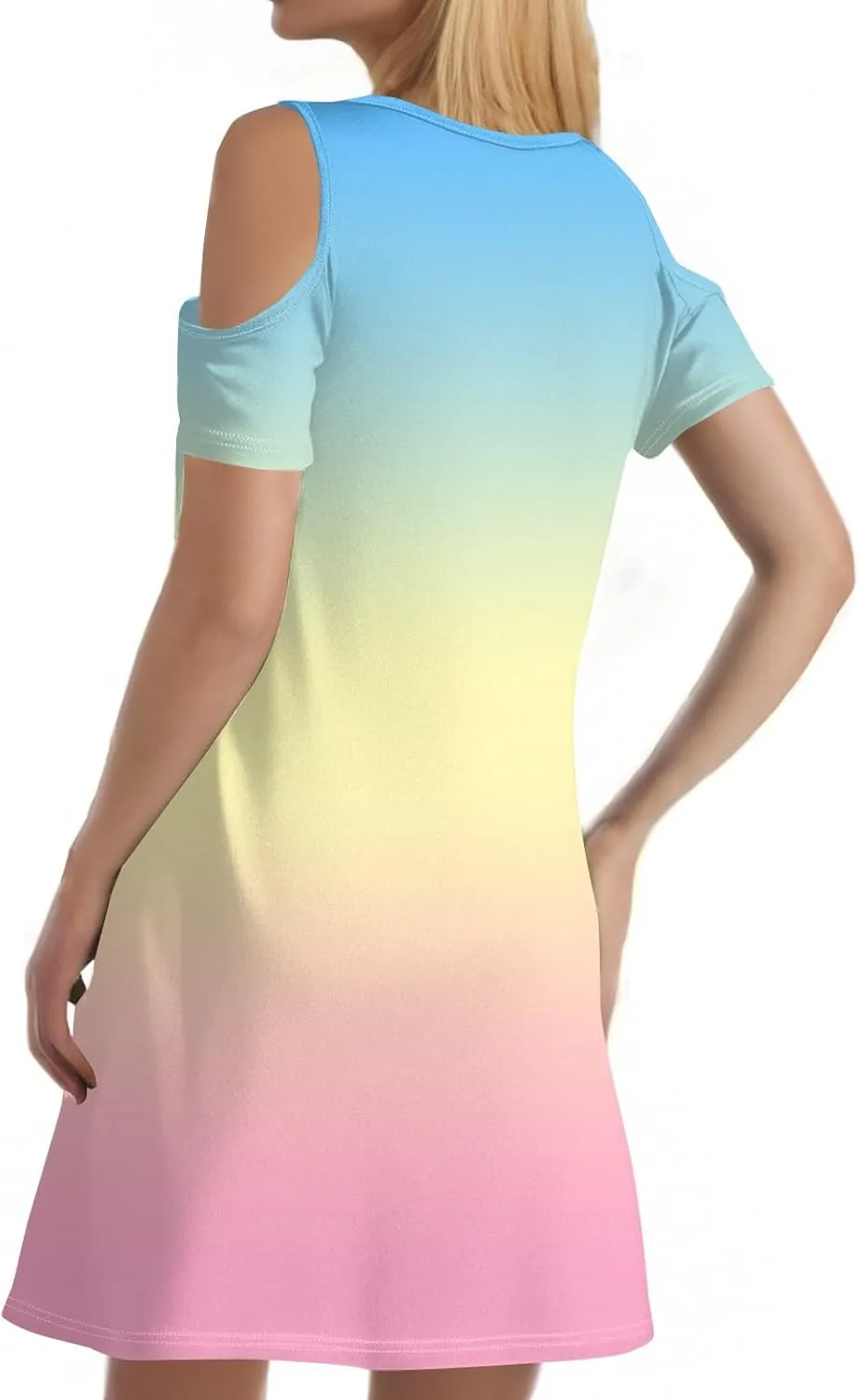 Summer Dresses for Women 2025 Scoop Neck Cold Shoulder Short Sleeve Mini Dress Casual Short Sundress with Pocket