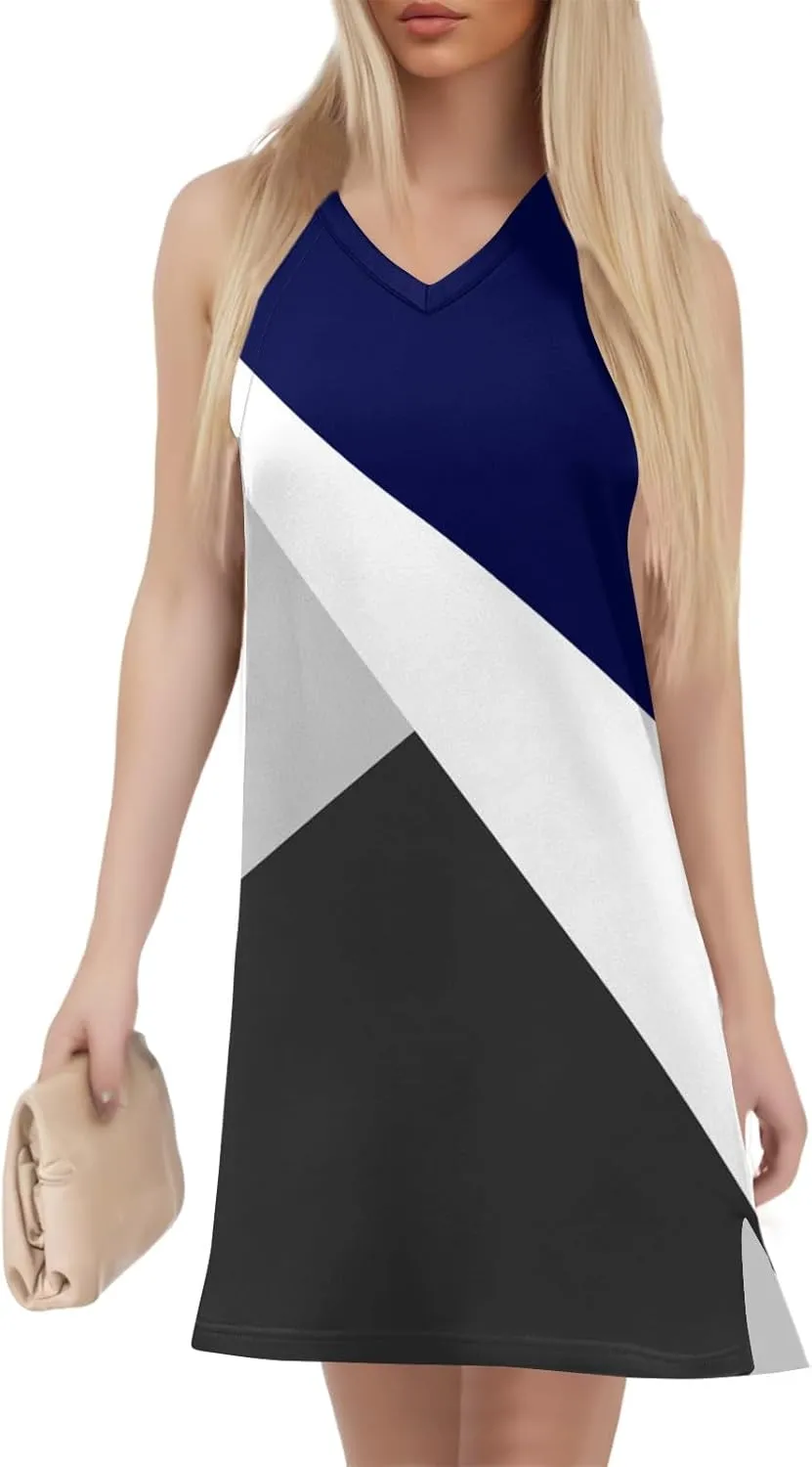 Summer Dresses for Women Casual V Neck Sleeveless Geometric Print Chic Loose Beach Short Shift Dress with Split