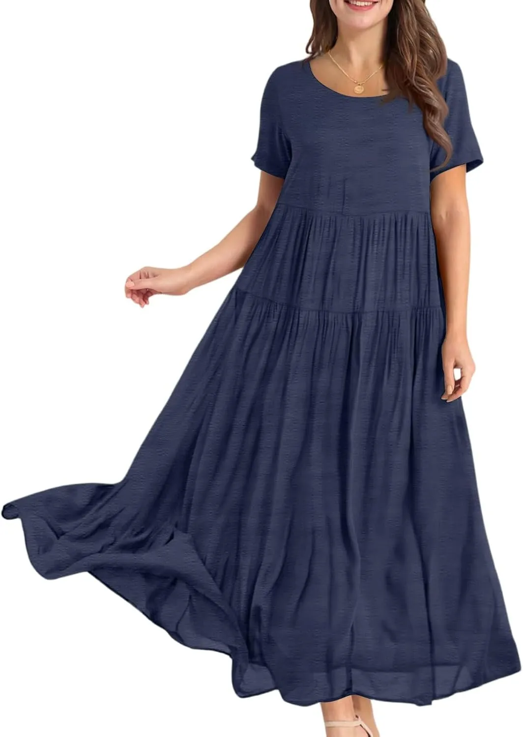 Summer Flowy Maxi Dress for Women Crew Neck Short Sleeve Big Swing Long Boho Beach Vacation Sundress