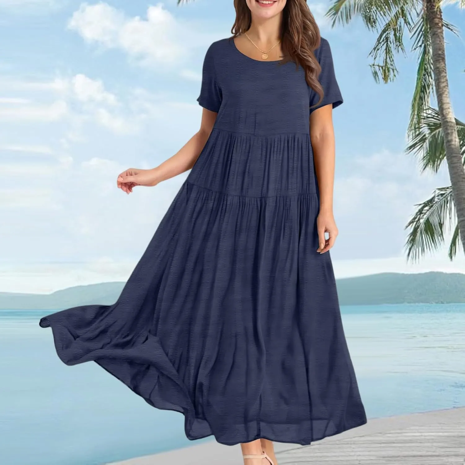 Summer Flowy Maxi Dress for Women Crew Neck Short Sleeve Big Swing Long Boho Beach Vacation Sundress
