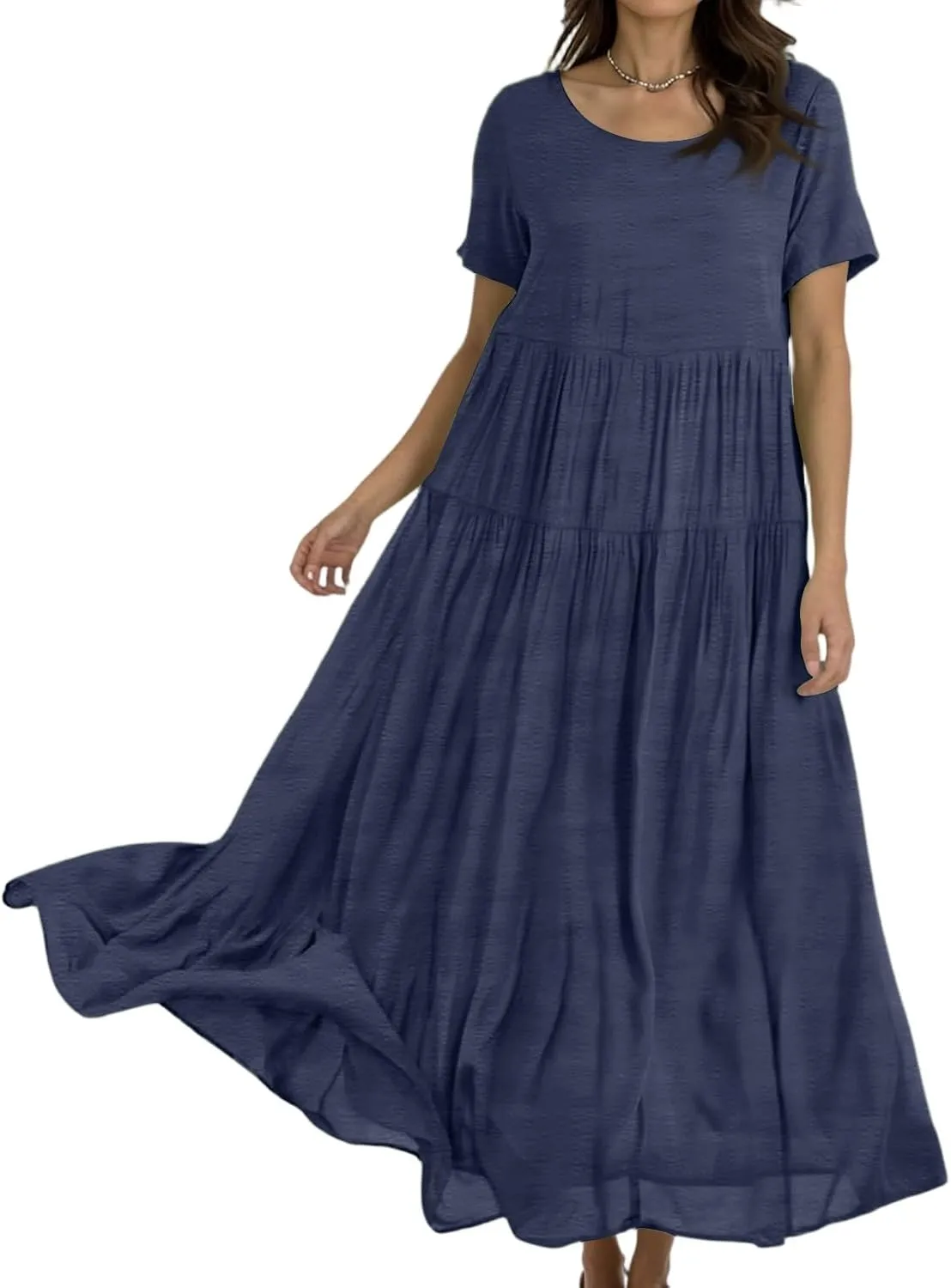 Summer Flowy Maxi Dress for Women Crew Neck Short Sleeve Big Swing Long Boho Beach Vacation Sundress