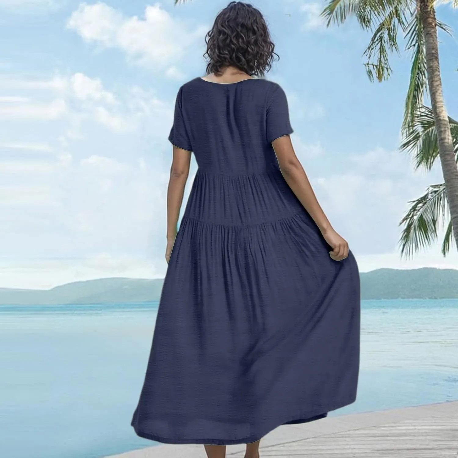 Summer Flowy Maxi Dress for Women Crew Neck Short Sleeve Big Swing Long Boho Beach Vacation Sundress