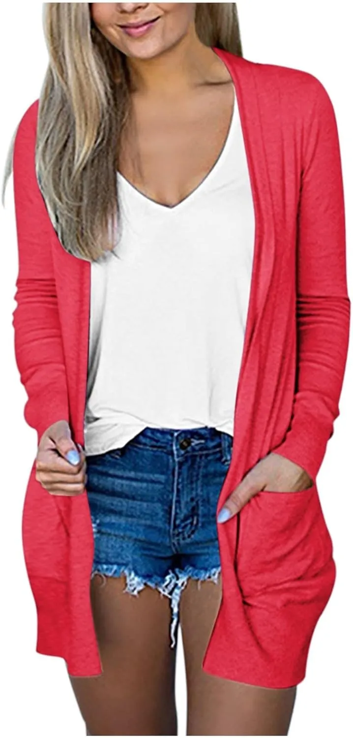 Thin Sweater Cardigan Long V-Neck Womens Ladies Sleeve Pockets Coat Solid Outerwear Light Weight Summer Sweaters