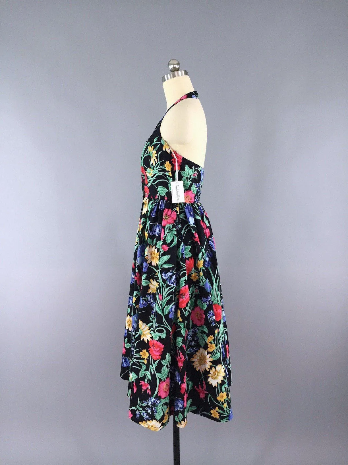 Vintage 80s Dress / Black Floral Print