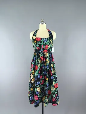 Vintage 80s Dress / Black Floral Print