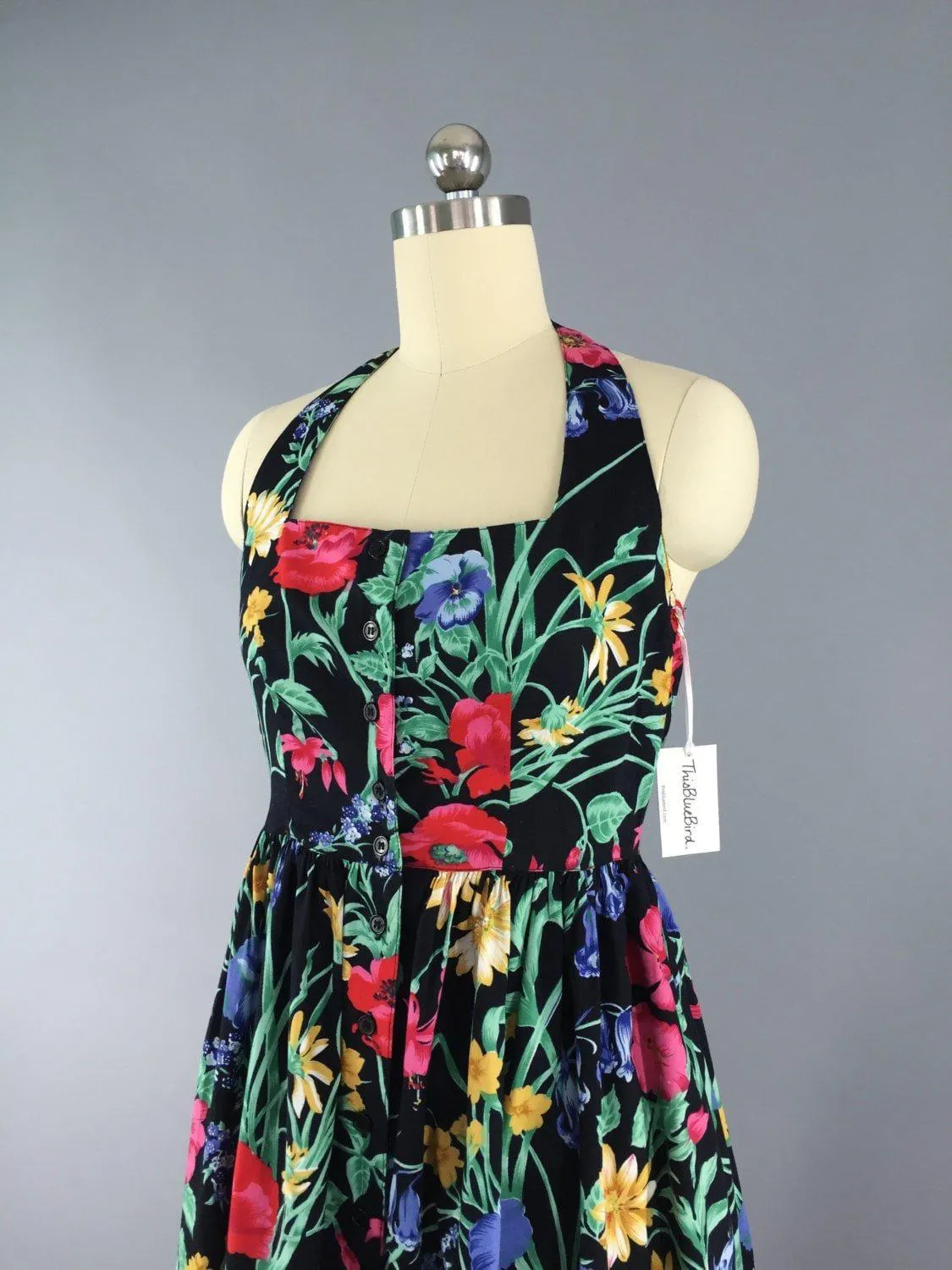 Vintage 80s Dress / Black Floral Print