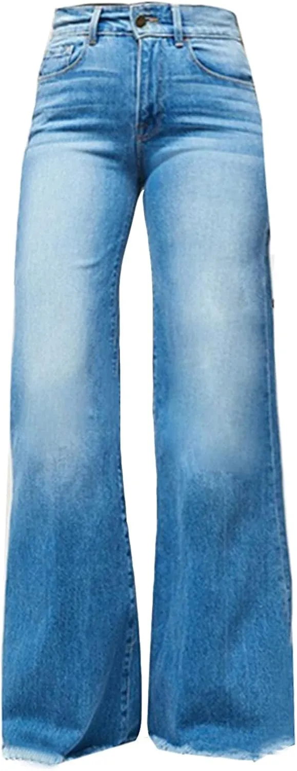 Wide Leg Jeans Woman Trendy High Waisted Bootcut Denim Pants Frayed Raw Hem Loose Maxi Jeans Stretchy Flare Jeans