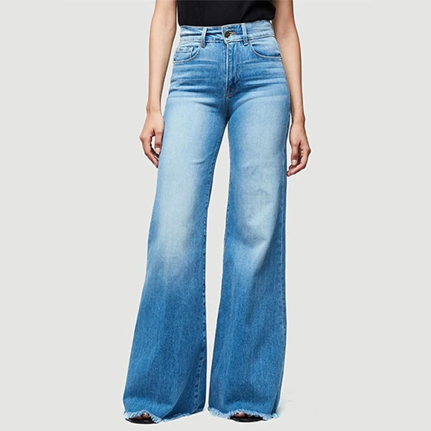 Wide Leg Jeans Woman Trendy High Waisted Bootcut Denim Pants Frayed Raw Hem Loose Maxi Jeans Stretchy Flare Jeans