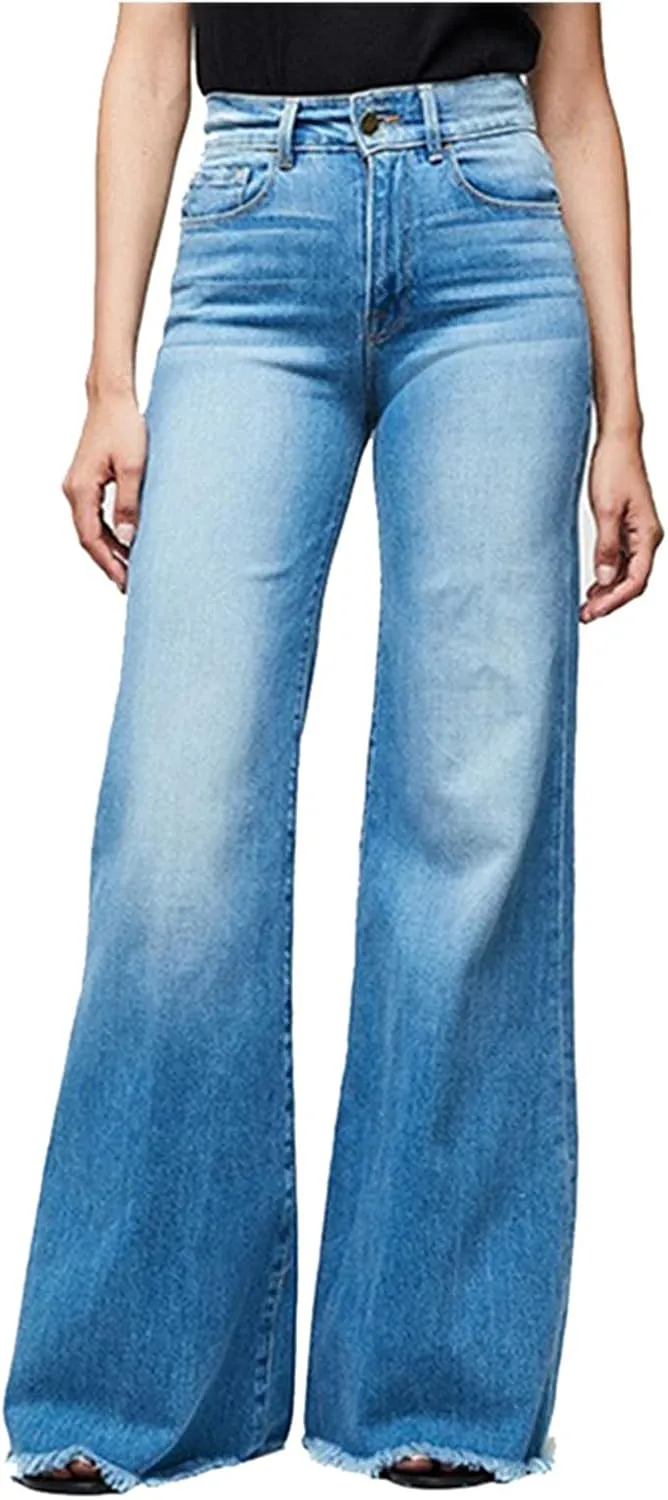 Wide Leg Jeans Woman Trendy High Waisted Bootcut Denim Pants Frayed Raw Hem Loose Maxi Jeans Stretchy Flare Jeans