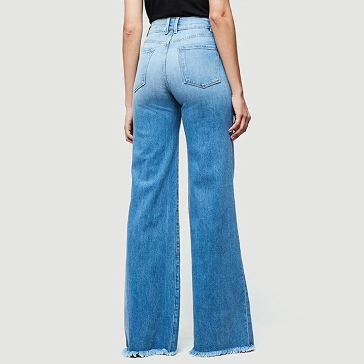 Wide Leg Jeans Woman Trendy High Waisted Bootcut Denim Pants Frayed Raw Hem Loose Maxi Jeans Stretchy Flare Jeans