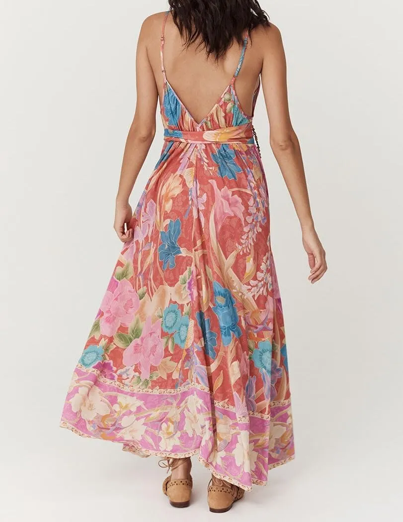 Women Tie Shoulder Boho Maxi Dress Floral Sleeveless Vacation Long Dress Summer Smocked Flowy Beach Sundresses