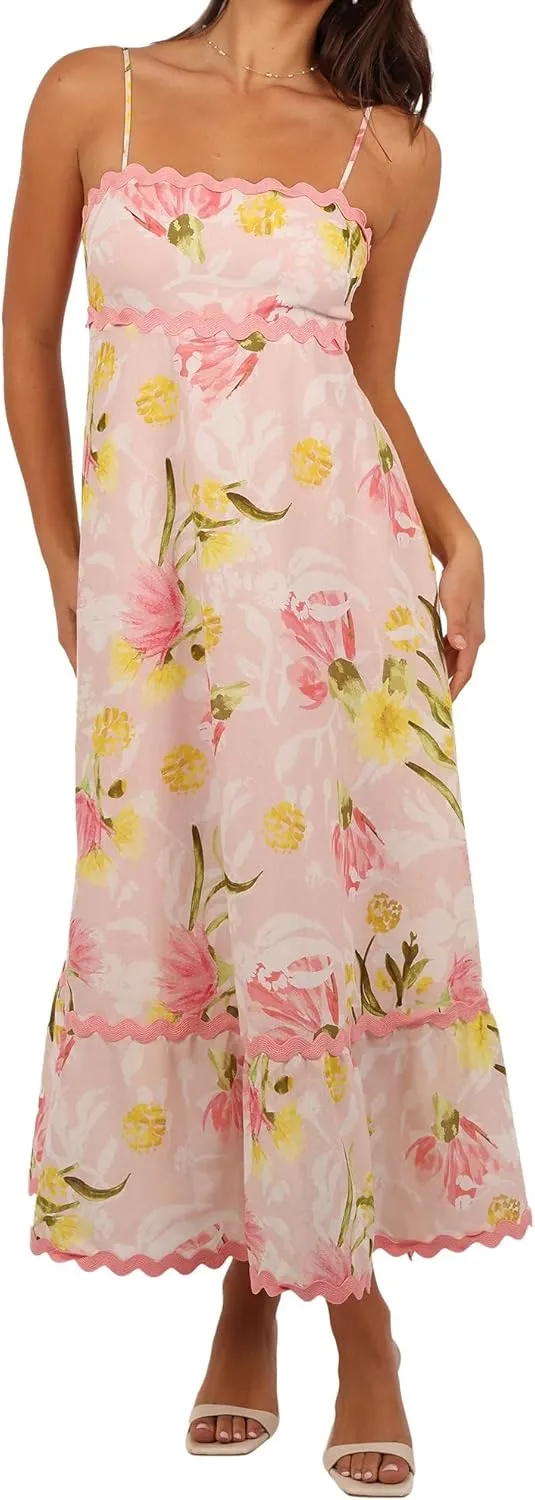 Women Tie Shoulder Boho Maxi Dress Floral Sleeveless Vacation Long Dress Summer Smocked Flowy Beach Sundresses