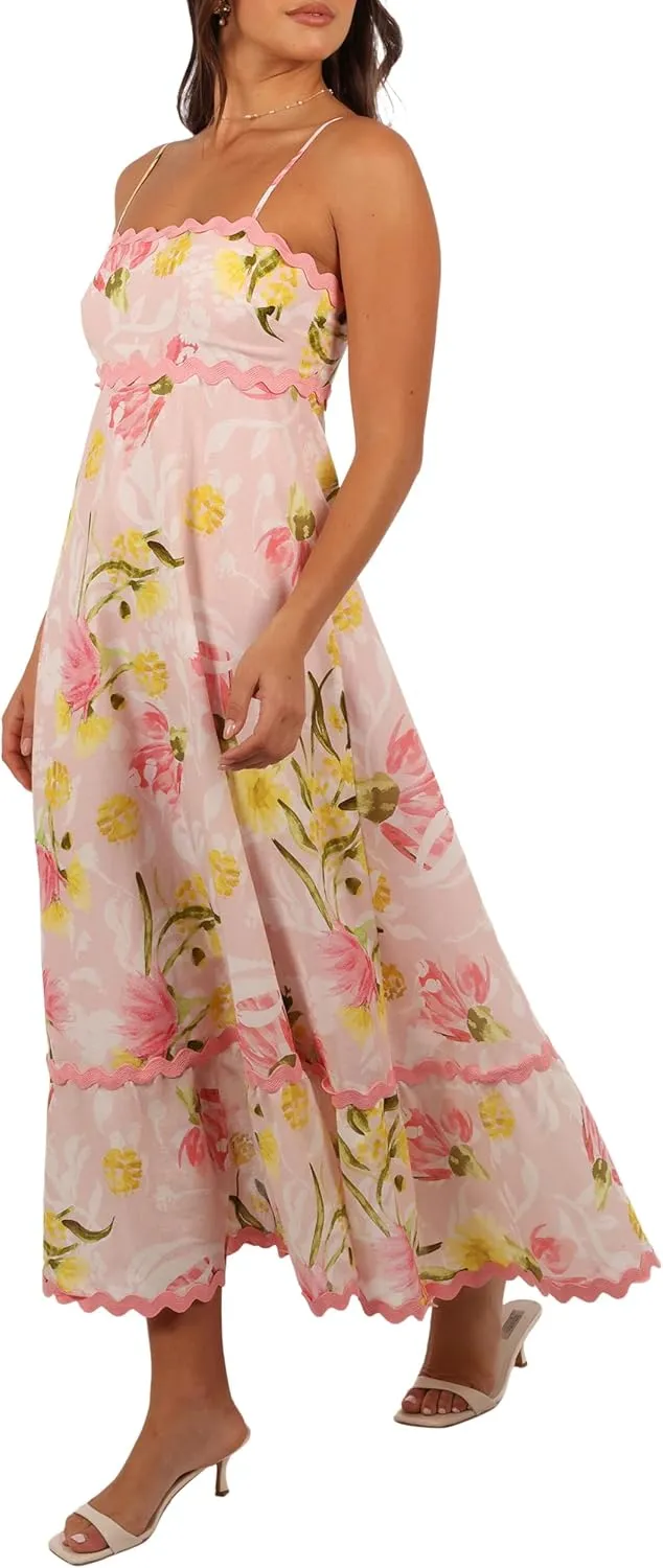Women Tie Shoulder Boho Maxi Dress Floral Sleeveless Vacation Long Dress Summer Smocked Flowy Beach Sundresses