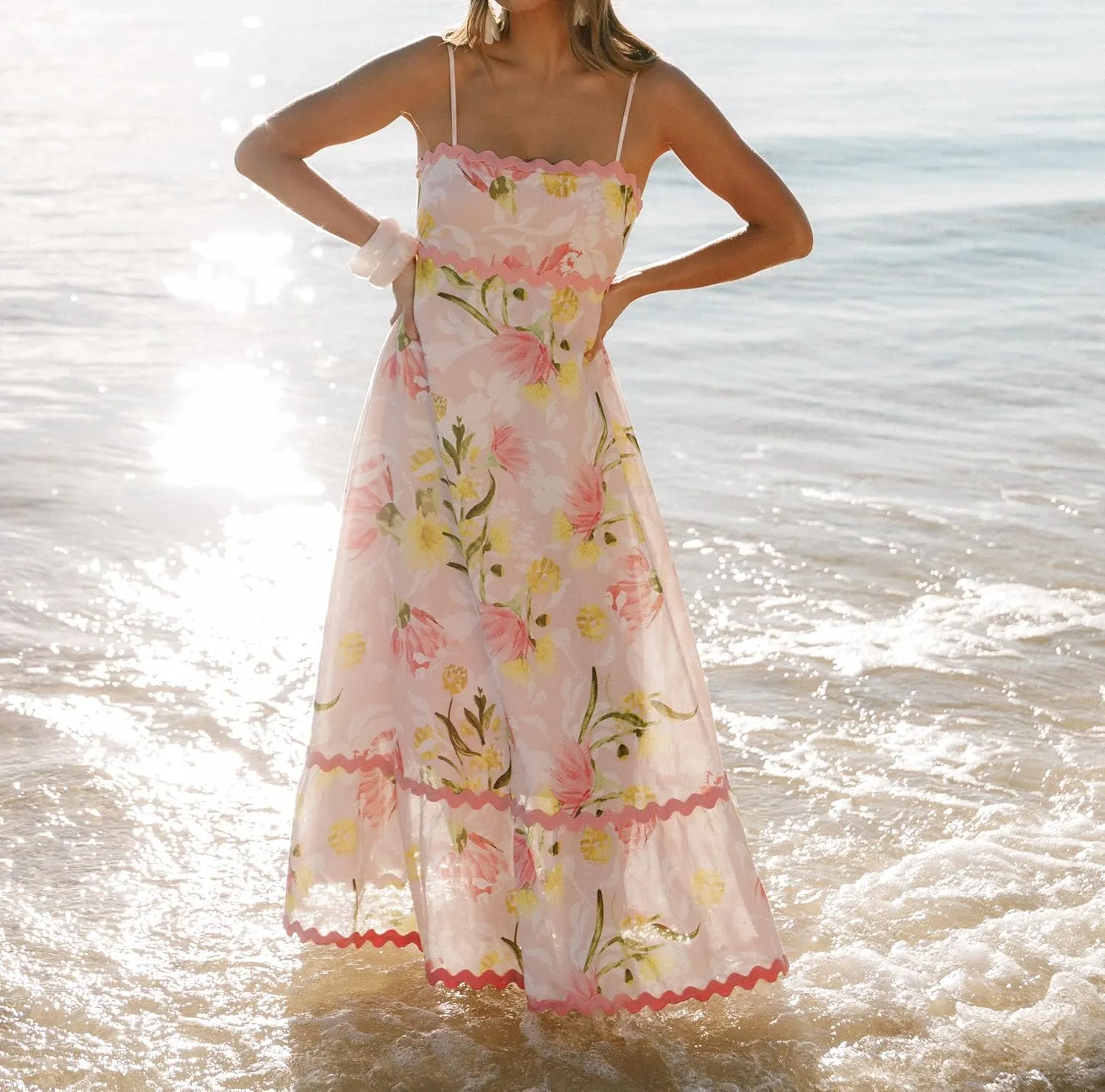 Women Tie Shoulder Boho Maxi Dress Floral Sleeveless Vacation Long Dress Summer Smocked Flowy Beach Sundresses