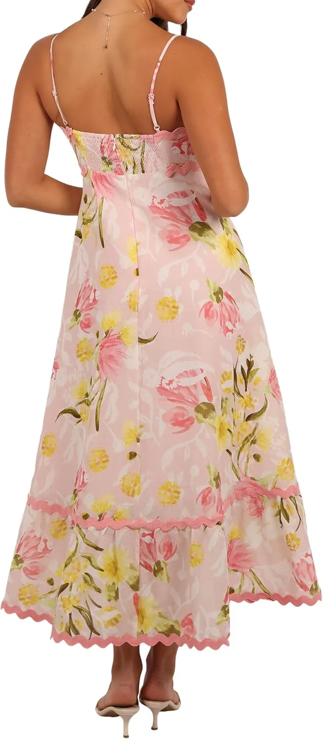Women Tie Shoulder Boho Maxi Dress Floral Sleeveless Vacation Long Dress Summer Smocked Flowy Beach Sundresses