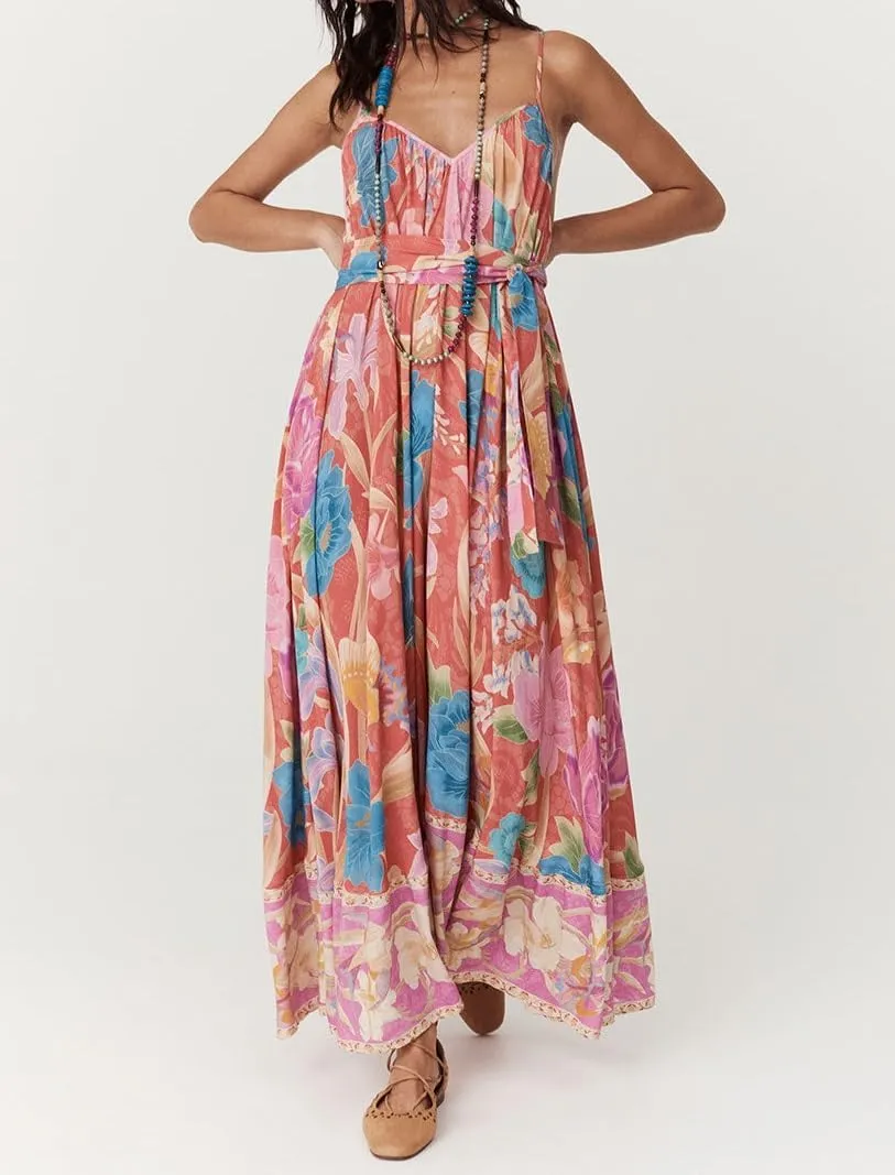 Women Tie Shoulder Boho Maxi Dress Floral Sleeveless Vacation Long Dress Summer Smocked Flowy Beach Sundresses