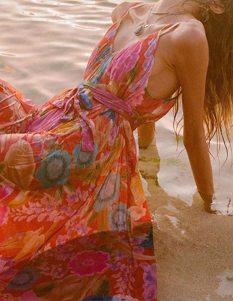 Women Tie Shoulder Boho Maxi Dress Floral Sleeveless Vacation Long Dress Summer Smocked Flowy Beach Sundresses